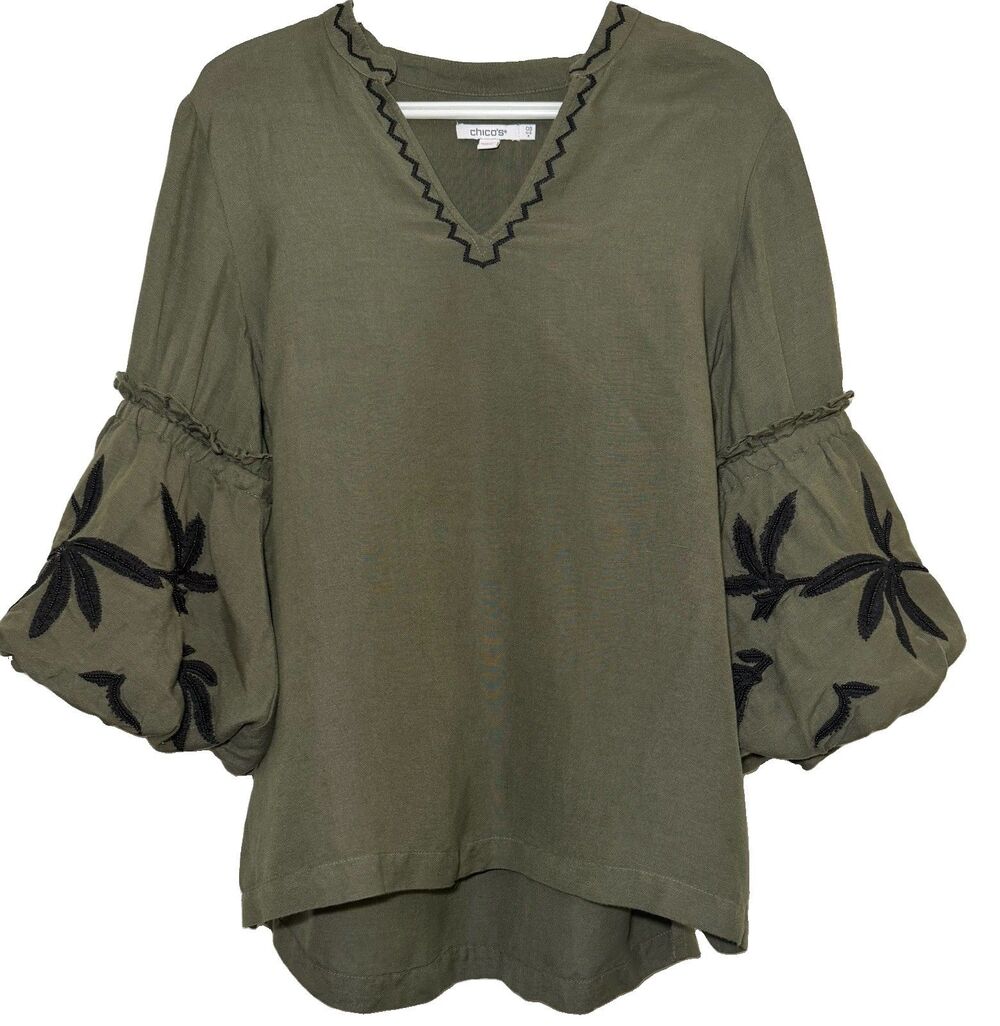 Chico’s Small Olive Green Linen Blend Embroidered Balloon Sleeve Boho Top